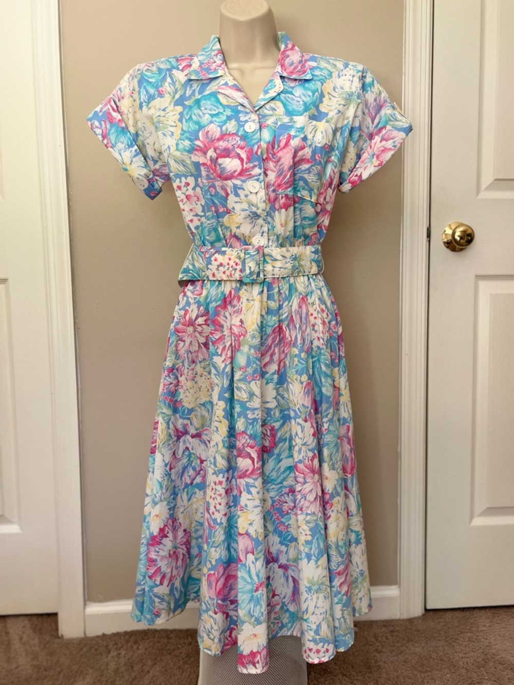Vintage 80s Floral Belted Fit-and-Flare Dress in Pastel Blue and Pink floral